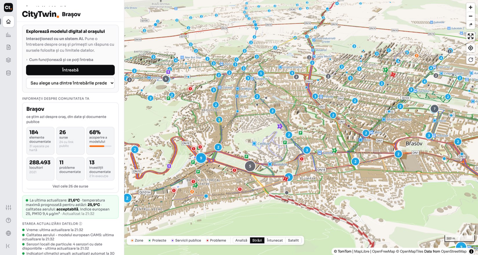 Vederea Mobilitate: traficul măsurat, rețeaua de transport public și stațiile, pe același ecran.