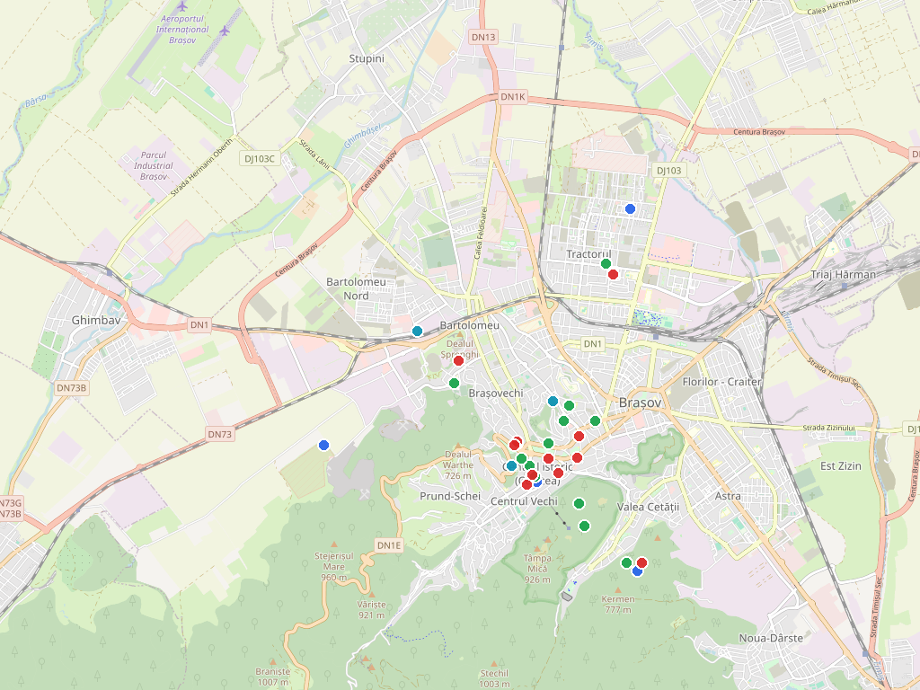 Harta Brașovului cu zonele, proiectele, serviciile, problemele și indicatorii din model, peste fondul OpenStreetMap